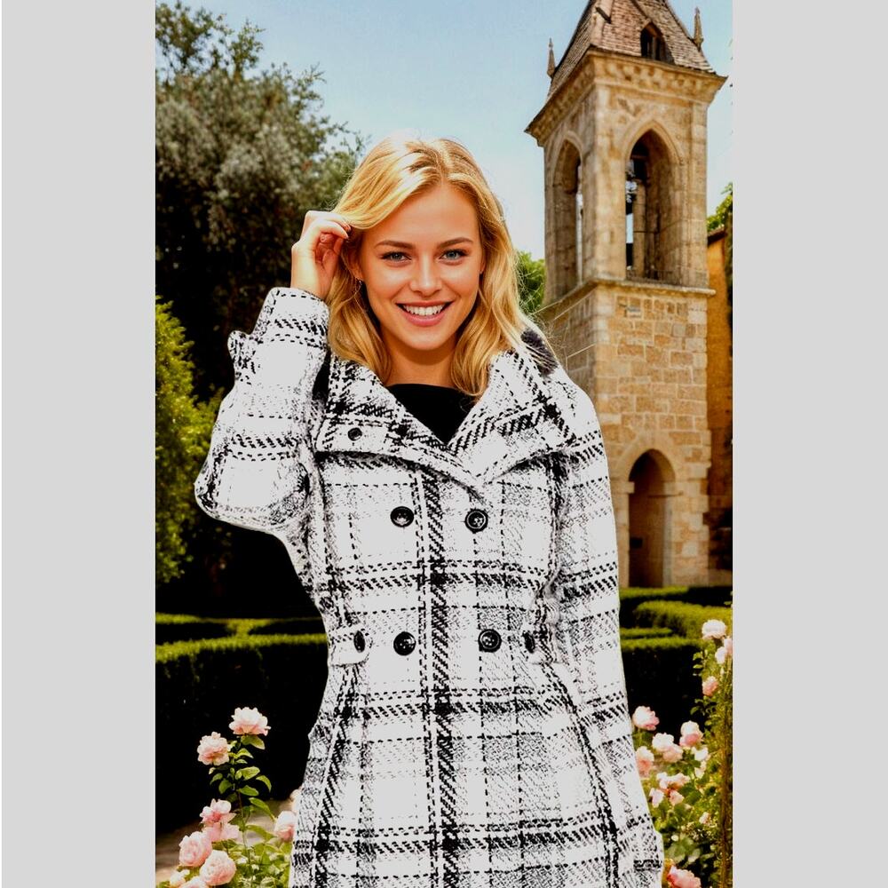 Iz Byer Black And White Double Breasted Hooded Plaid Pea Coat Classy XS